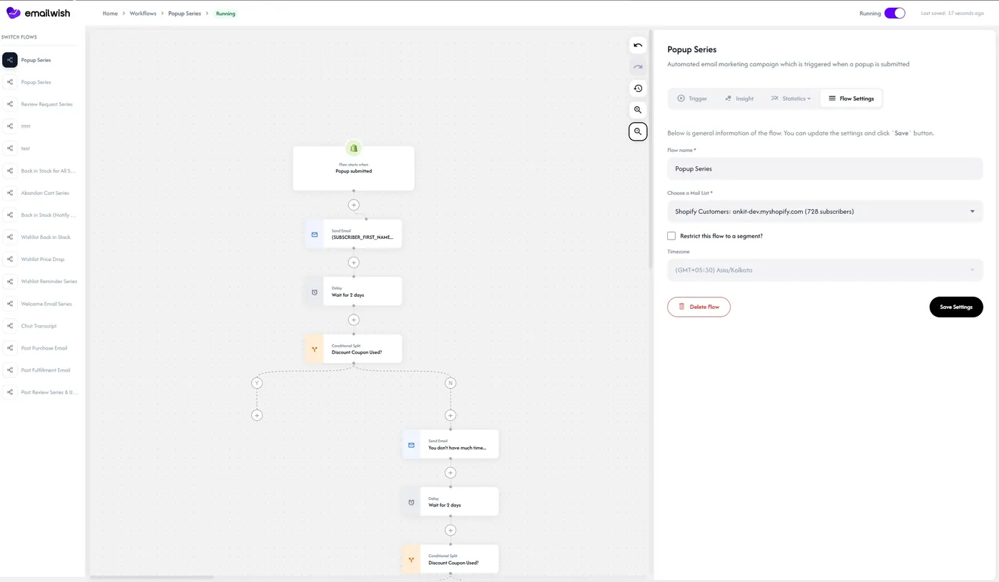 EmailWish visual flow builder with triggers, delays and conditions