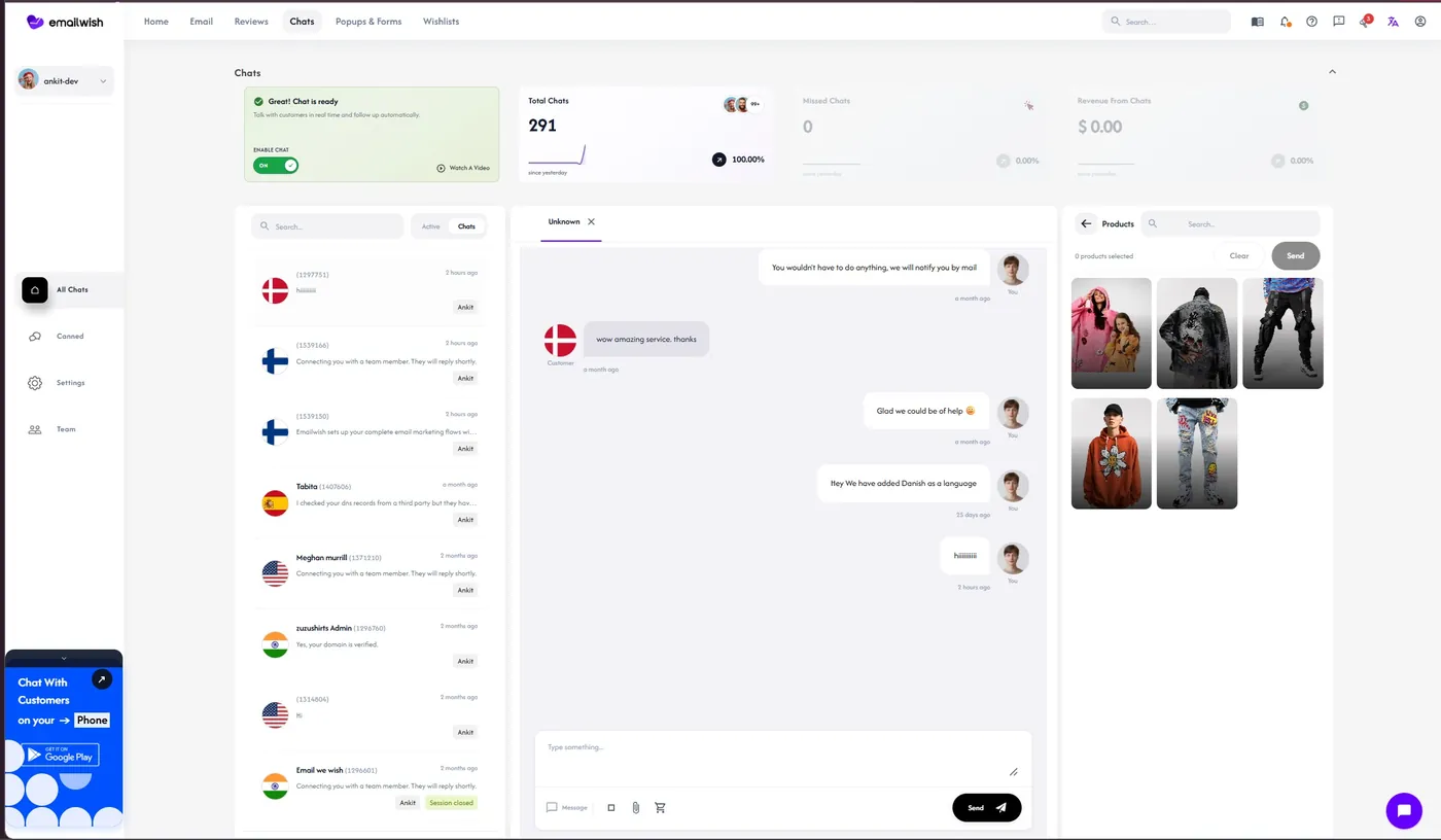 EmailWish live chat inbox with customer conversations