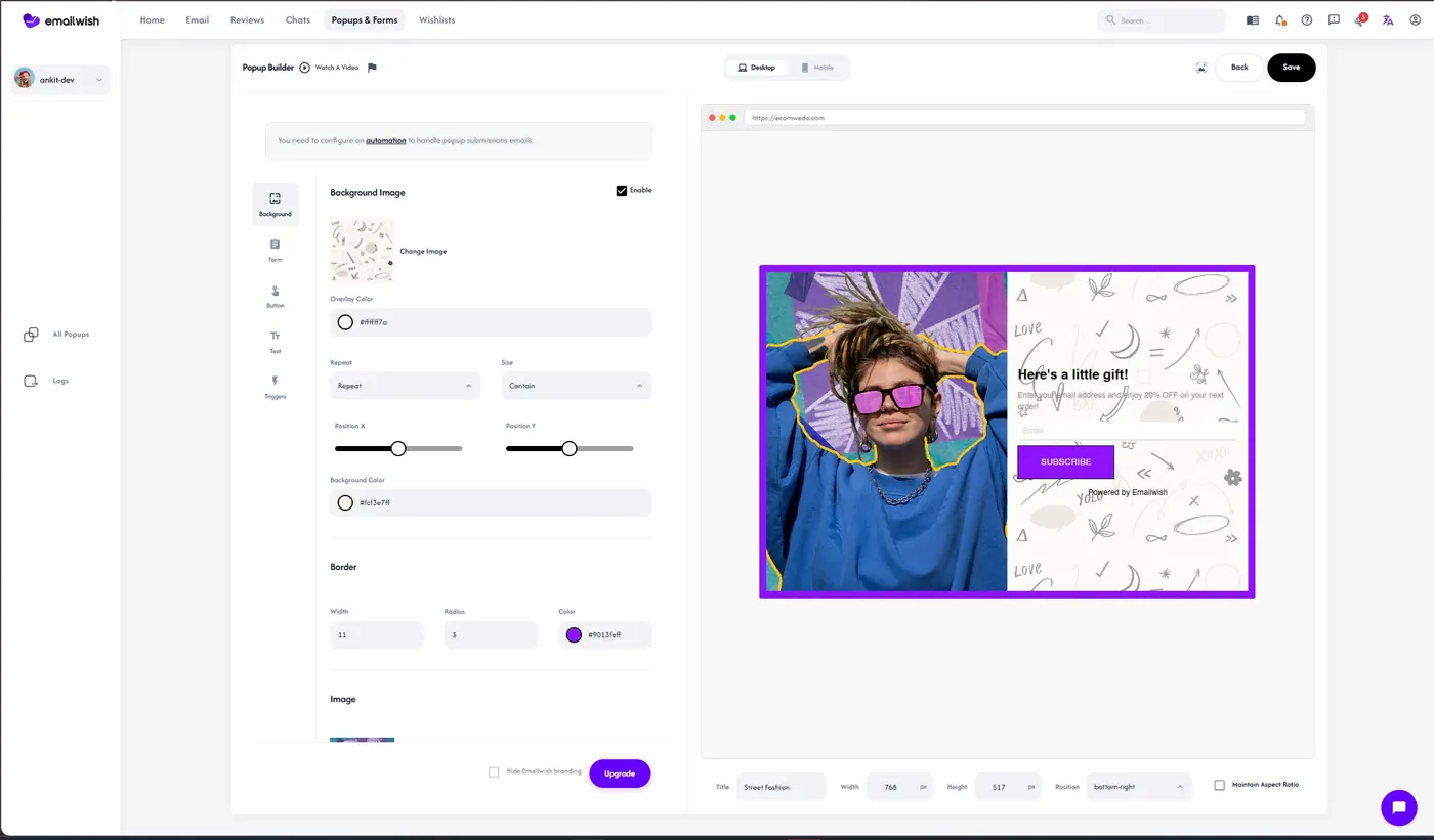 EmailWish popup builder with a live preview