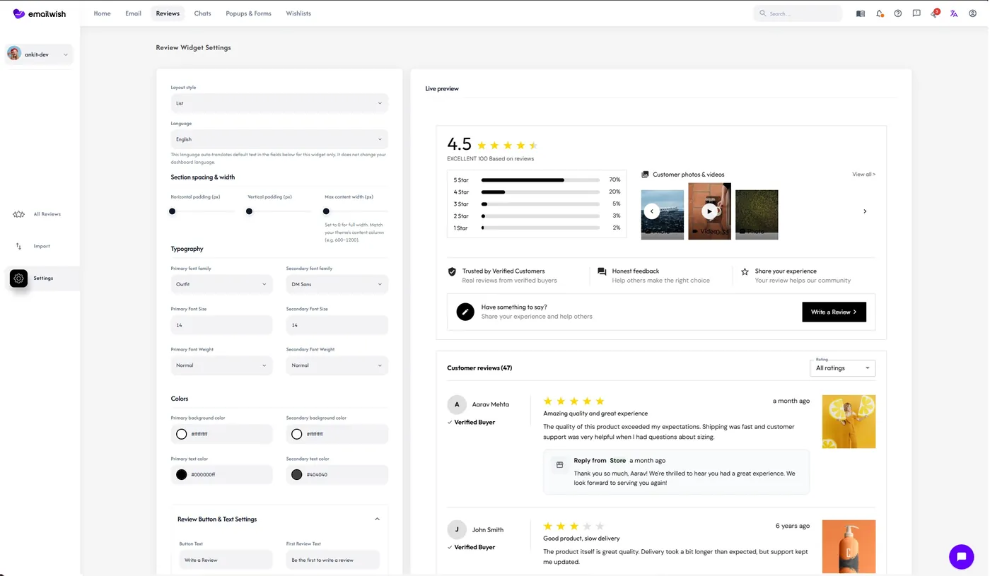 EmailWish product reviews settings and review widget