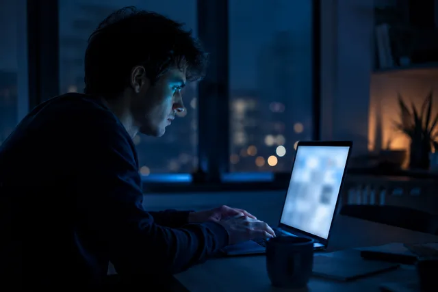 Founder at a laptop in a dim room as their store goes live