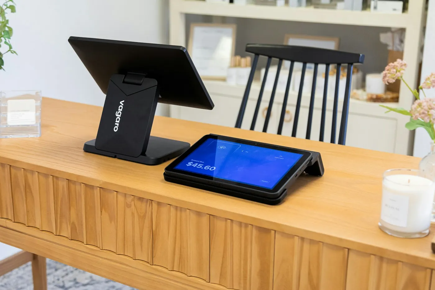 A point of sale system on a wooden counter